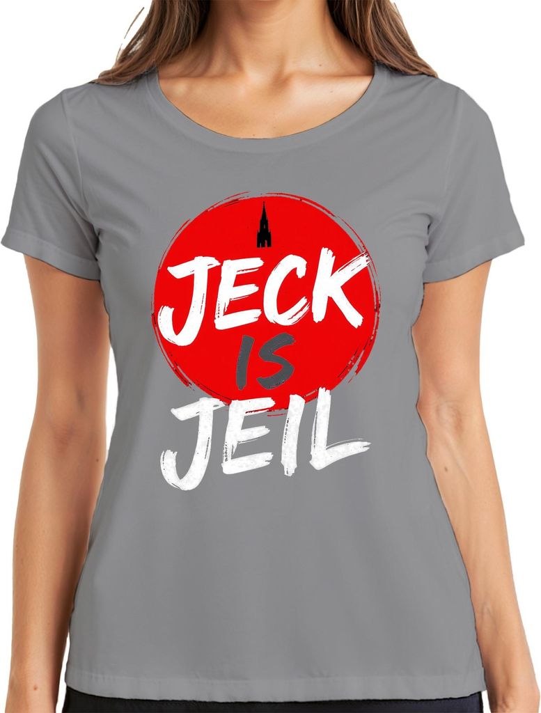Jeck is Jeil Köln Karneval Kölsch Dom Fastelovend lustig Fasching Damen T-Shirt, Grau, L