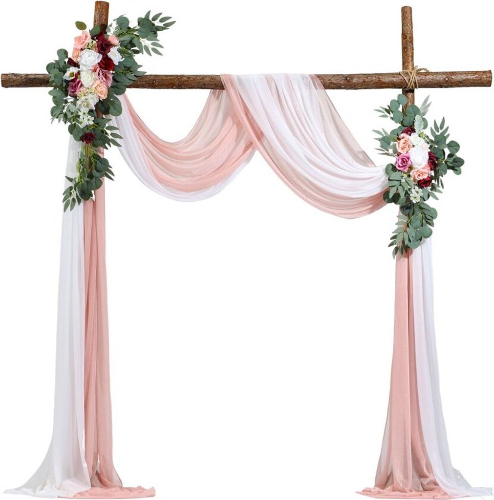 Hochzeitsbogen Set mit Blumen und Vorhängen - Rosa Traubogen Deko für Außen und Innen mit 2x Blumen und 2x Vorhängen
