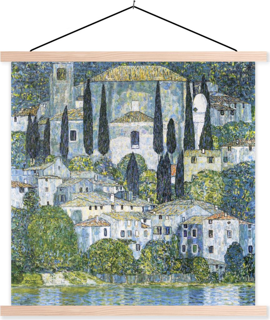 MuchoWow Textilposter Die Kirche in Cassone - Gustav Klimt 120x120 cm mit holzfarbenen Rahmen - Textil-Poster