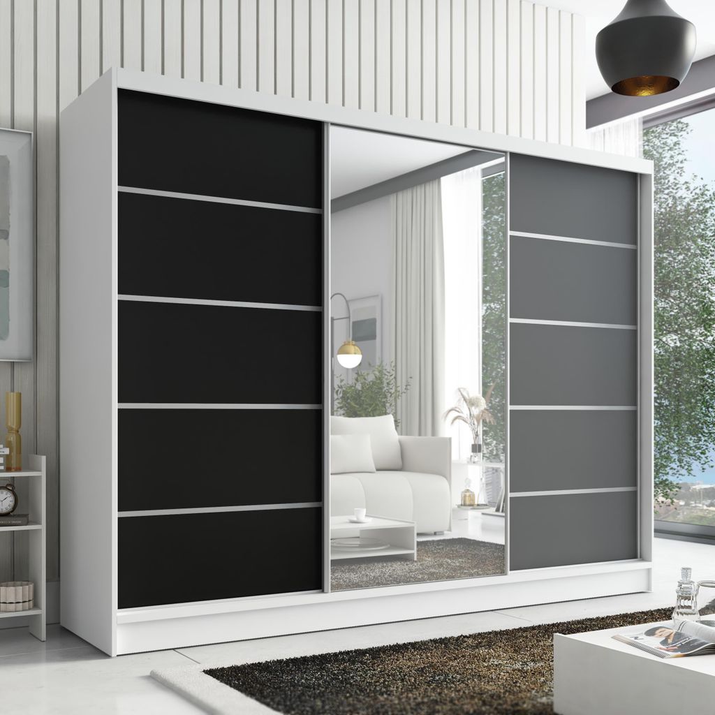 Schwebetürenschrank, 3-türig Schrank 200 cm mit Spiegel ARIVA 1 (Weiß / Graphit/ Schwarz)