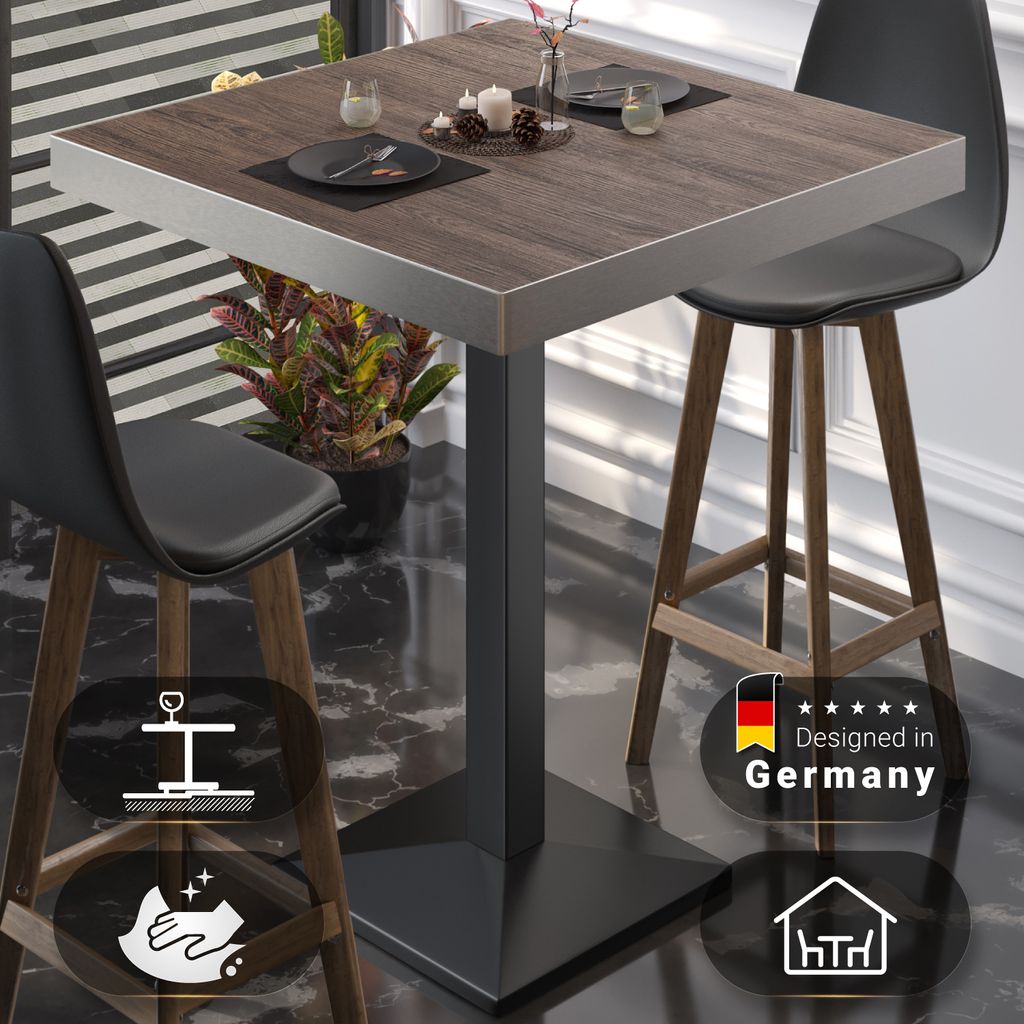 BPA | Bistro Stehtisch | 70 x 70 x 114 cm | Edelstahl Rand | Quadratisch | Light Wenge / Schwarz | Gastro Steh Tisch Restaurant