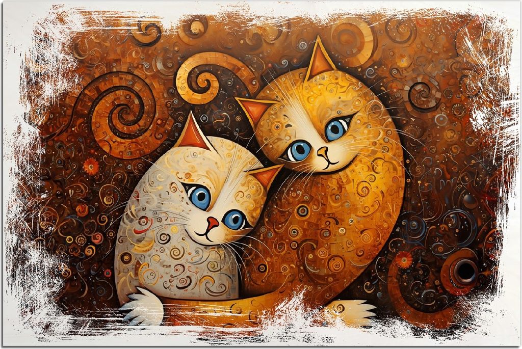 Kunstdrucke Wandbilder Holz in : Brillante Farben, Größe 60 x 90 cm Motiv Malerisches Katzenduo