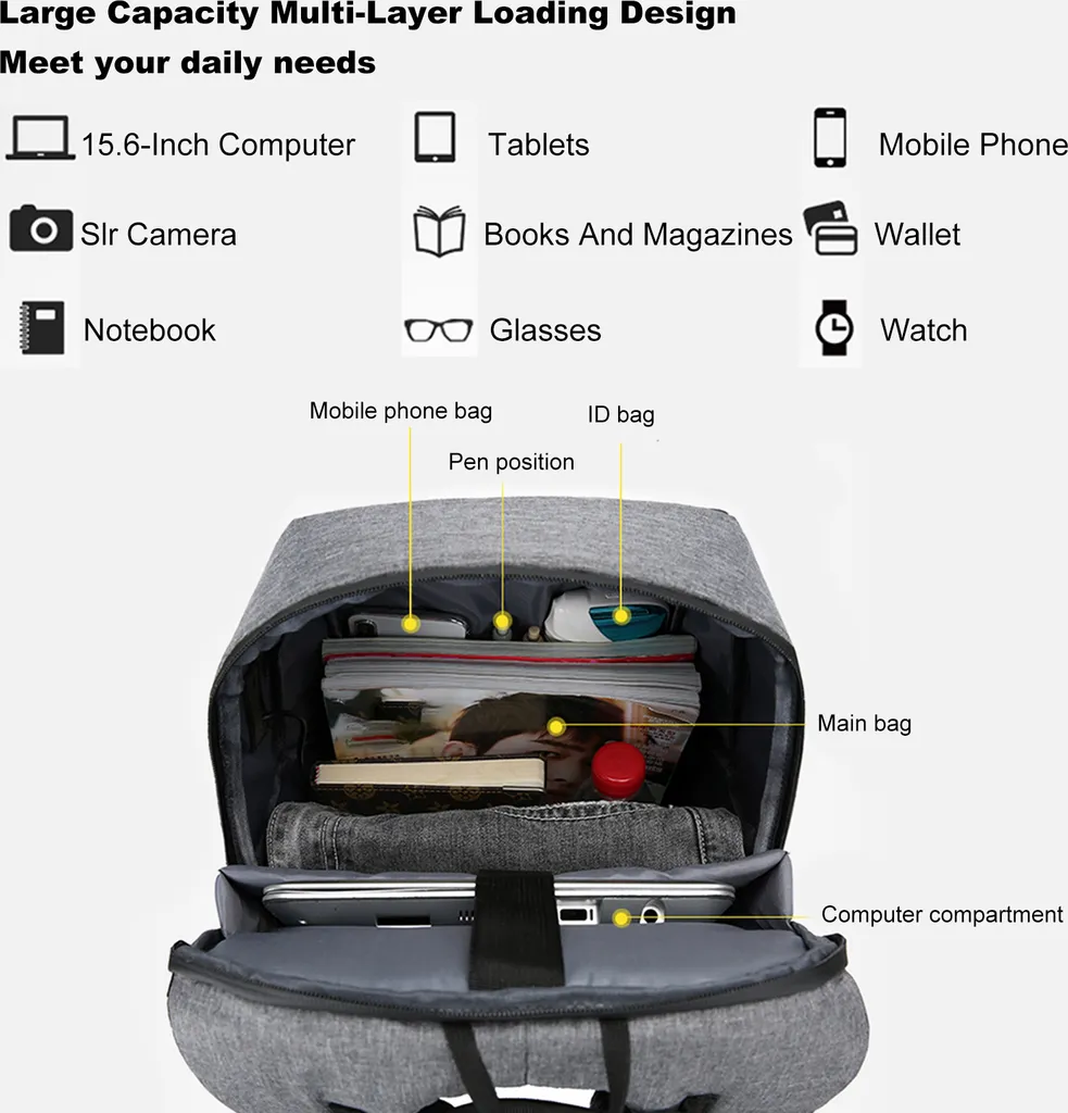 Sac à dos informatique 17" étanche gris avec port de charge USB - 10