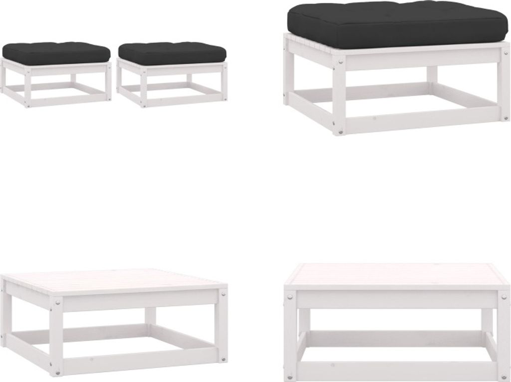 vidaXL Garten Fußhocker mit Kissen 2 Stk. Weiß Massivholz Kiefer - Fußhocker - Fußbank - Fußbänke - Fußstütze