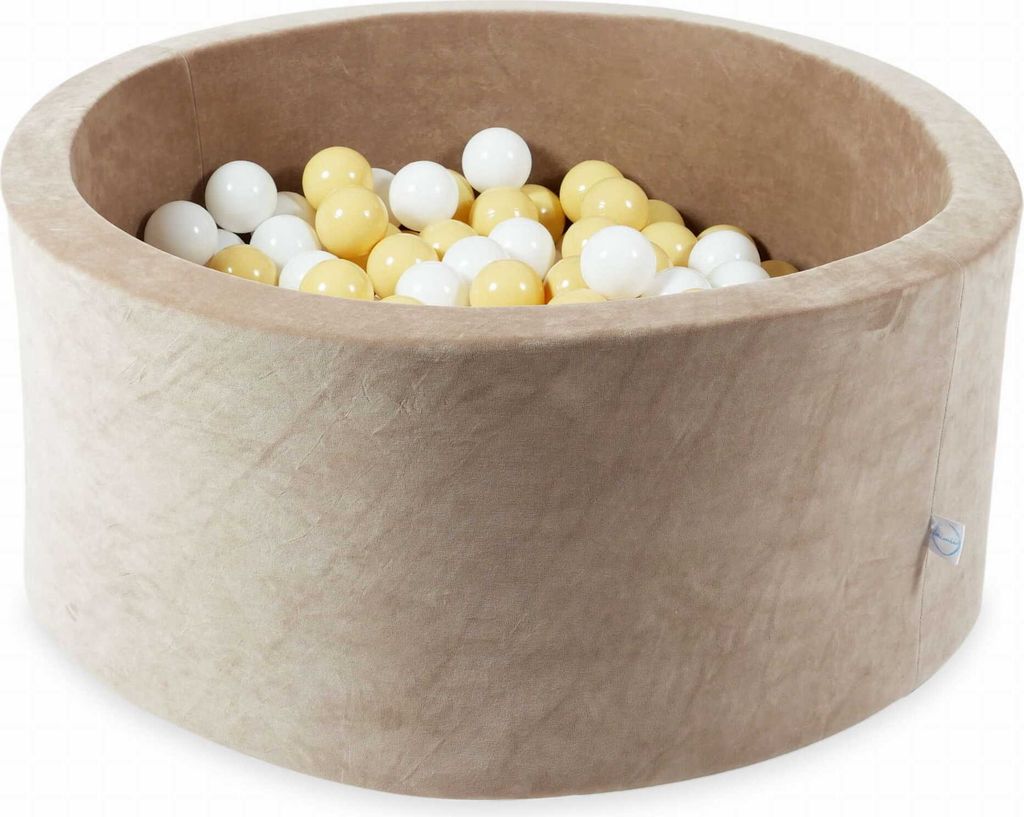 Bällebad 90x40 Samtig weich dunkelbeige – Mit 300 Bällen / weiß, beige