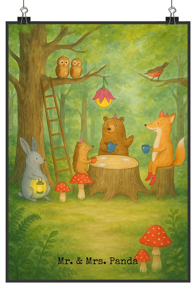 Mr. & Mrs. Panda Bild Waldtiere Picknick Design DIN A5 - Weiß - Geschenk, kunstdruck poster, Wandbild, Wald, Fuchs, wanddeko, Maus, Hase, Eichhör...