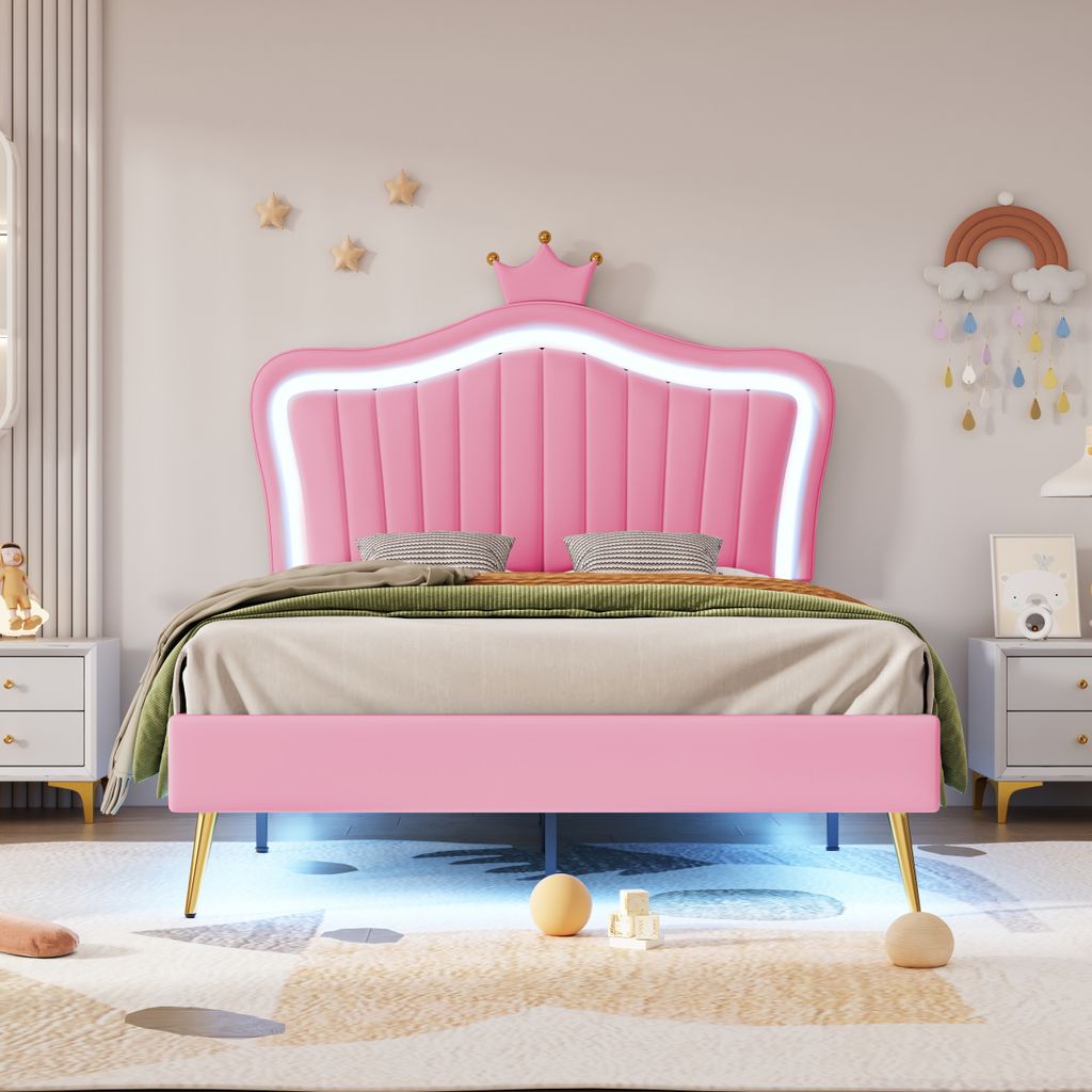 okwish Kinder-Polsterbett 90 x 200 cm, Mädchenbettgestell, rosa Krone, Einzelbettgestell, hochwertiges Kunstleder mit LED-Leuchten, Lattenrost und...