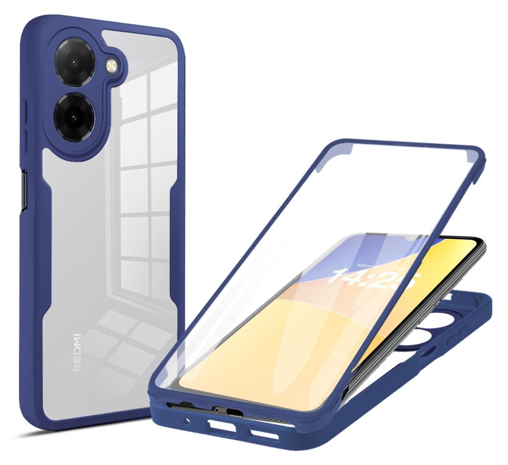 A blue and transparent phone case is shown, with one case assembled and another disassembled to reveal a phone inside.