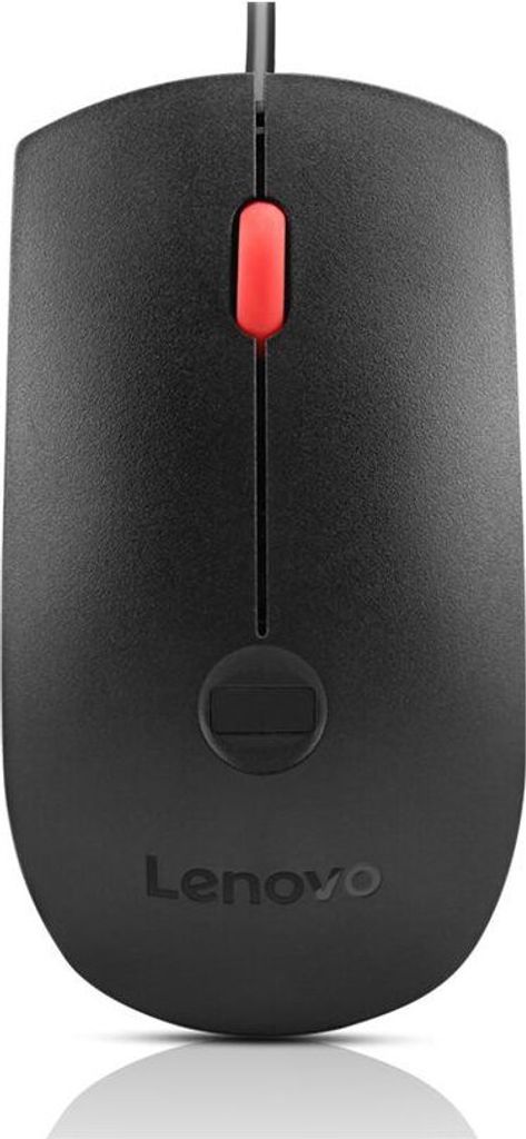 A top-down view of a black Lenovo computer mouse with a red scroll wheel.