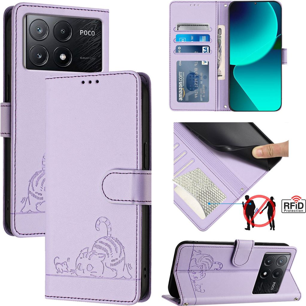 Leder Hülle für Xiaomi Poco X6 Pro/Redmi K70E Süße Katze Flip Case Brieftasche Schutzhülle mit Standfunktion Lila
