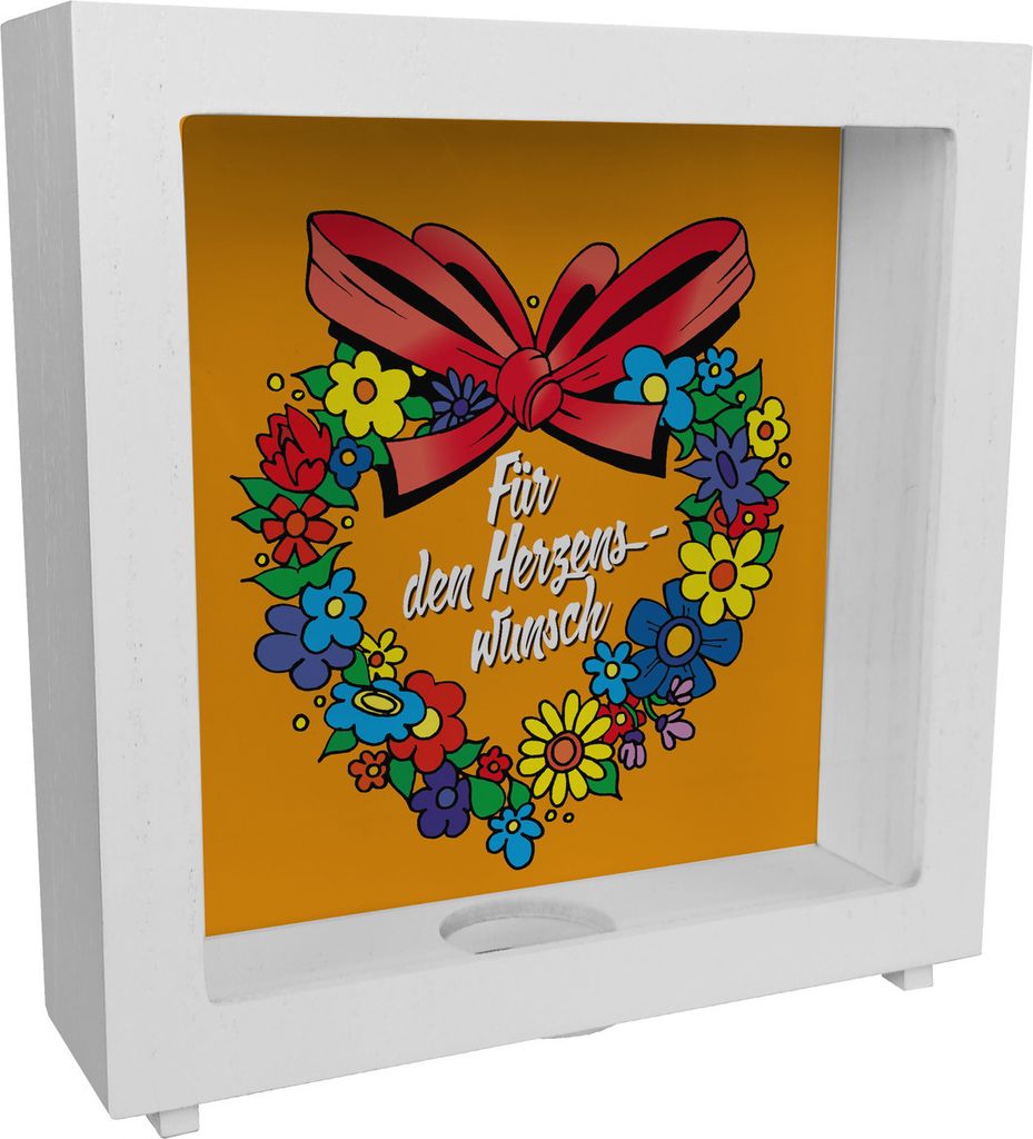 Rahmen Spardose aus Holz Herzenswunsch in {orange}