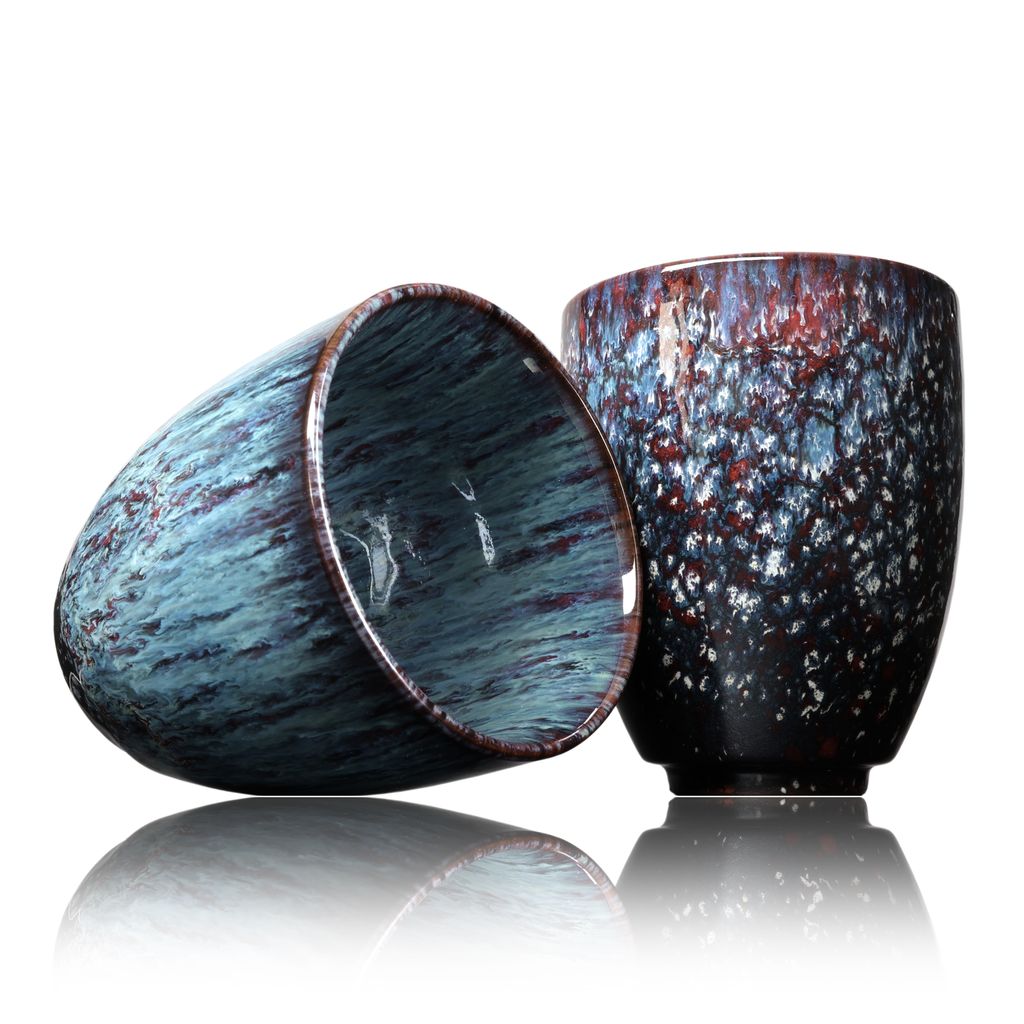 Kaffee Becher Keramik, Design Kaffee-Tasse ohne Henkel 200ml, Tee-Tasse 2er Set, coffee mug, tea cup, Tasse mit modernem Muster, bunte Unikate (lem...