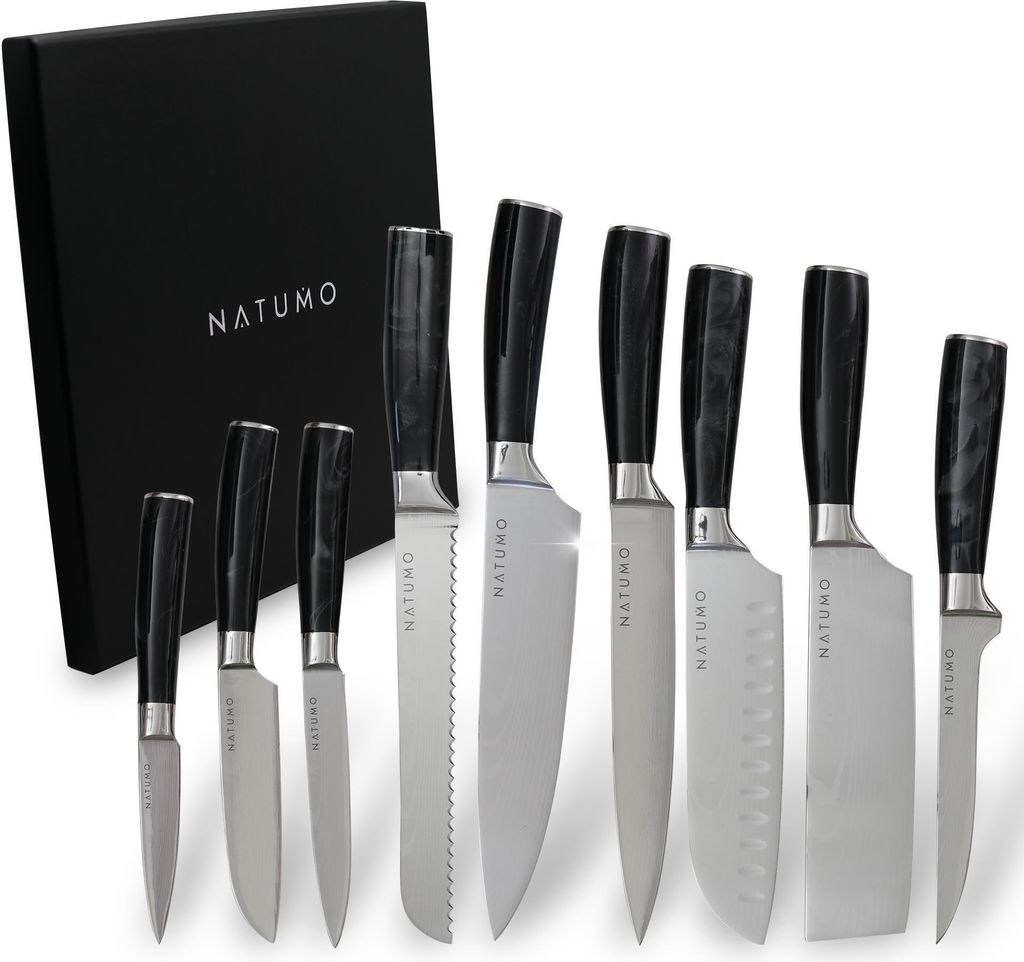 NATUMO Küchenmesser Set 9-teilig. HRC 56+ scharfes Messerset Profi in Damast-Optik aus Allzweckmesser, Fleischmesser, Gemüsemesser, Santoku Messe...