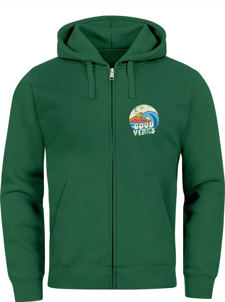 Herren Zip Hoodie Sweatjacke mit Kapuze Logo-Print Good Vibes Aufdruck Welle Retro Motiv Männer Fashion Streetstyle Neverless bottle-green M