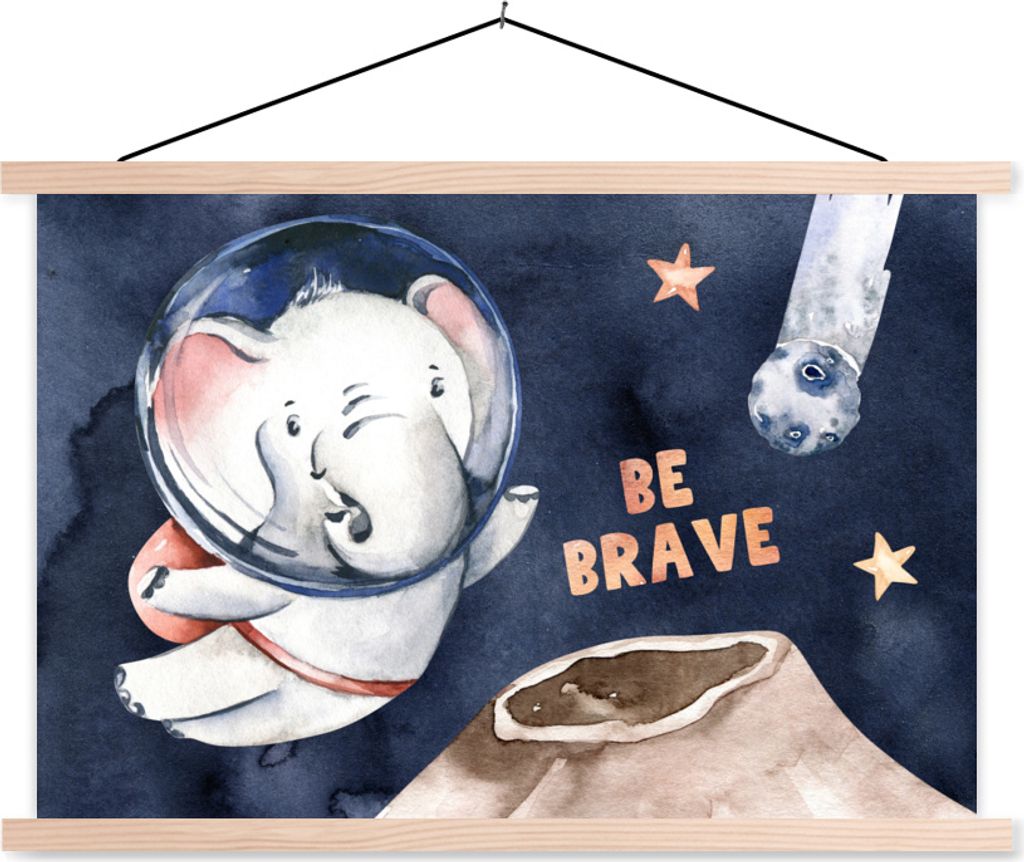MuchoWow Textilposter Sei tapfer' - Elefant - Sprichwörter - Zitate - Junge - Mädchen - Kinder 120x80 cm mit holzfarbenen Rahmen - Aufhängeset