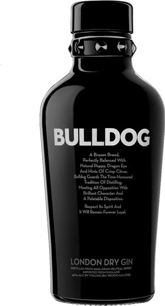 A black bottle of Bulldog London Dry Gin.