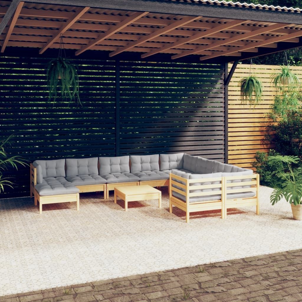 Möbel 11-tlg. Garten-Lounge-Set mit Grauen Kissen Kiefernholz - Balkonmöbel 3097036