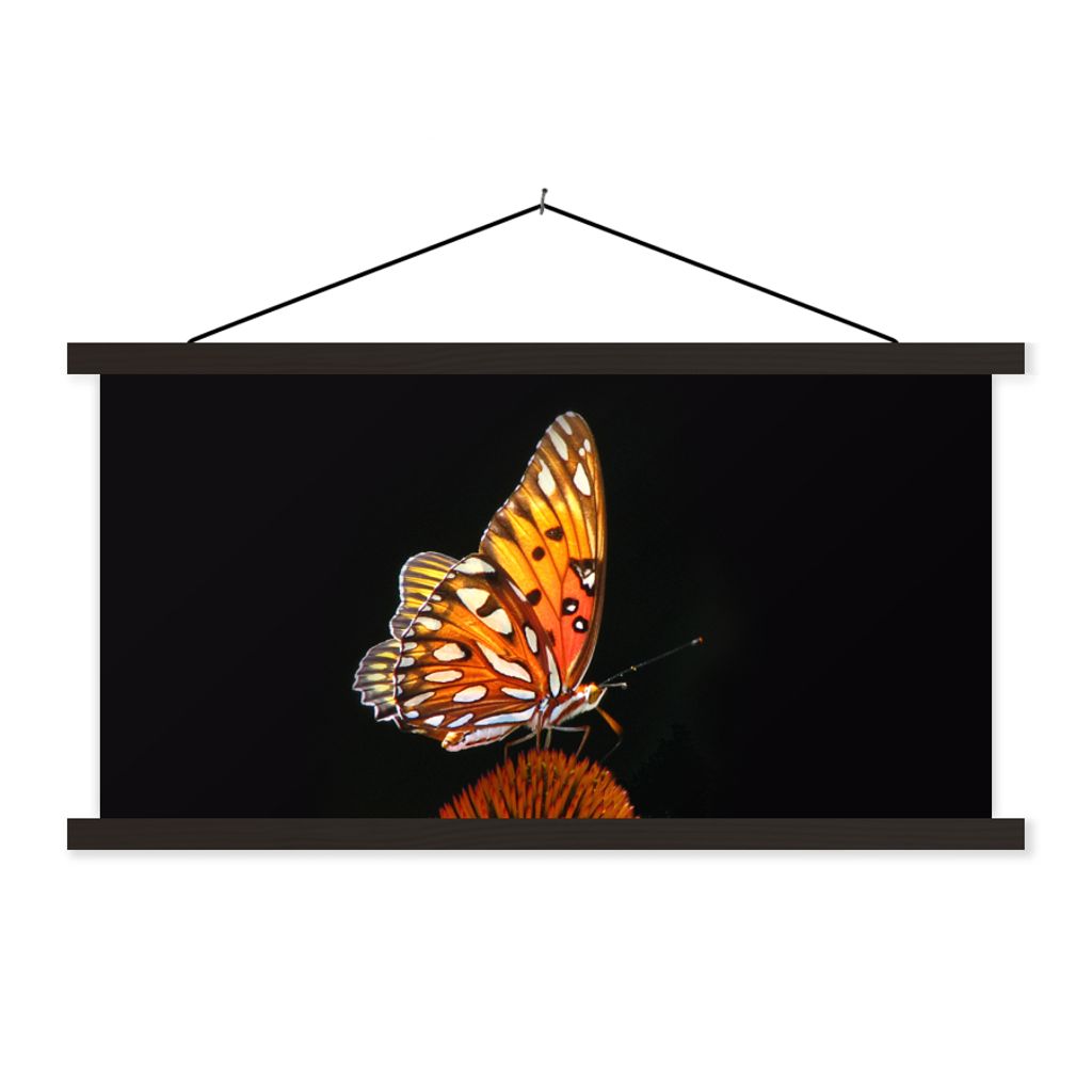 MuchoWow Textilposter Schmetterling - Blumen - Insekt - Porträt - Schwarz - Orange 120x60 cm mit schwarzem Rahmen - Dekoration Schlafzimmer