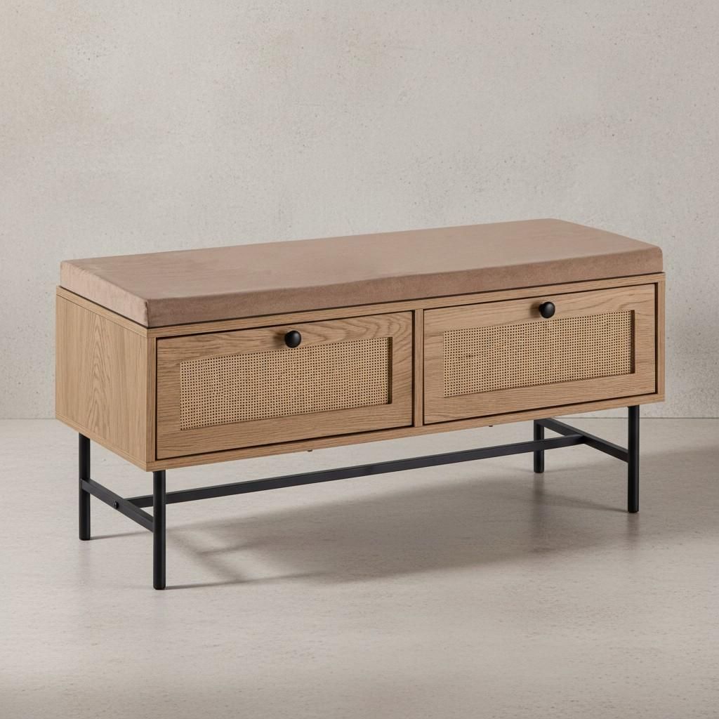 Schuhbank mit Stoff-Sitzfläche 100x48x38 cm Garderobenbank Eiche-Nachbildung, Sitzbank Rattan Klein Gepolstert, Bank Schmal Flur mit Stauraum, Flu...