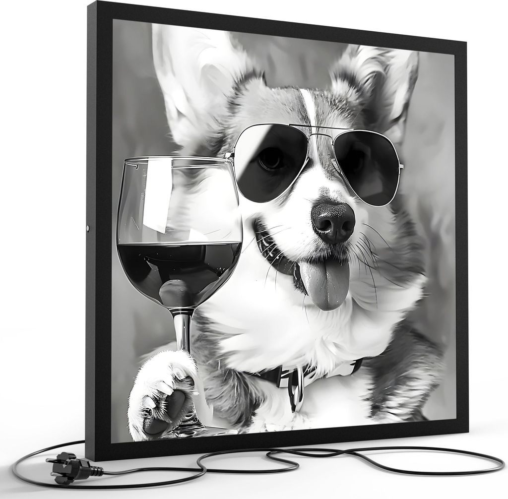 DEQORI LED-Bild & Lampe 60x60 cm Schwarz 'Corgi mit Klasse' Leuchtbild LED Leuchte