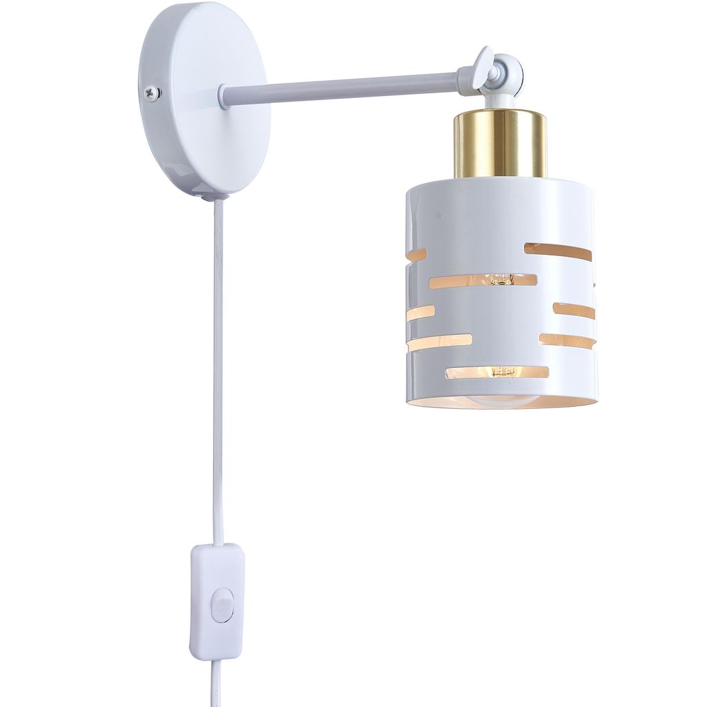 MasterLED Wandlampe E27 - Weiß mit Gold - Schwenkbare Innenleuchte mit Stecker und Schalter - Modern und praktisch