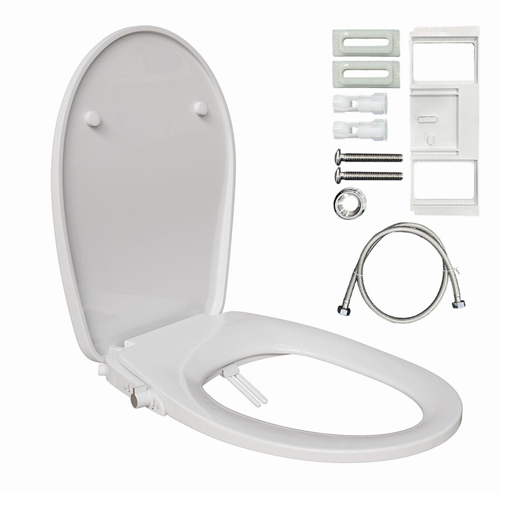 A white bidet toilet seat and its installation accessories are displayed on a white background.