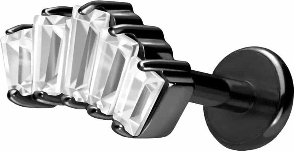 Ohrpiercing, Nasenpiercing Titan Labret mit Push Fit 5 EINGEFASSTE KRISTALLRECHTECKE Schwarz Stablänge: 10mm | Stabstärke: 1,2mm