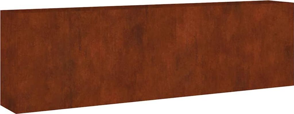 A long, rectangular planter box with a rusted metal appearance.