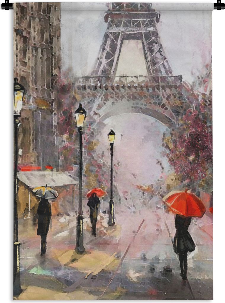 MuchoWow Wandteppich Wandbehang Gemälde - Paris - Eiffelturm - Regenschirm - Ölgemälde 60x90 cm Tapisserie Dekoration Wandtuch - Foto-Teppich ...