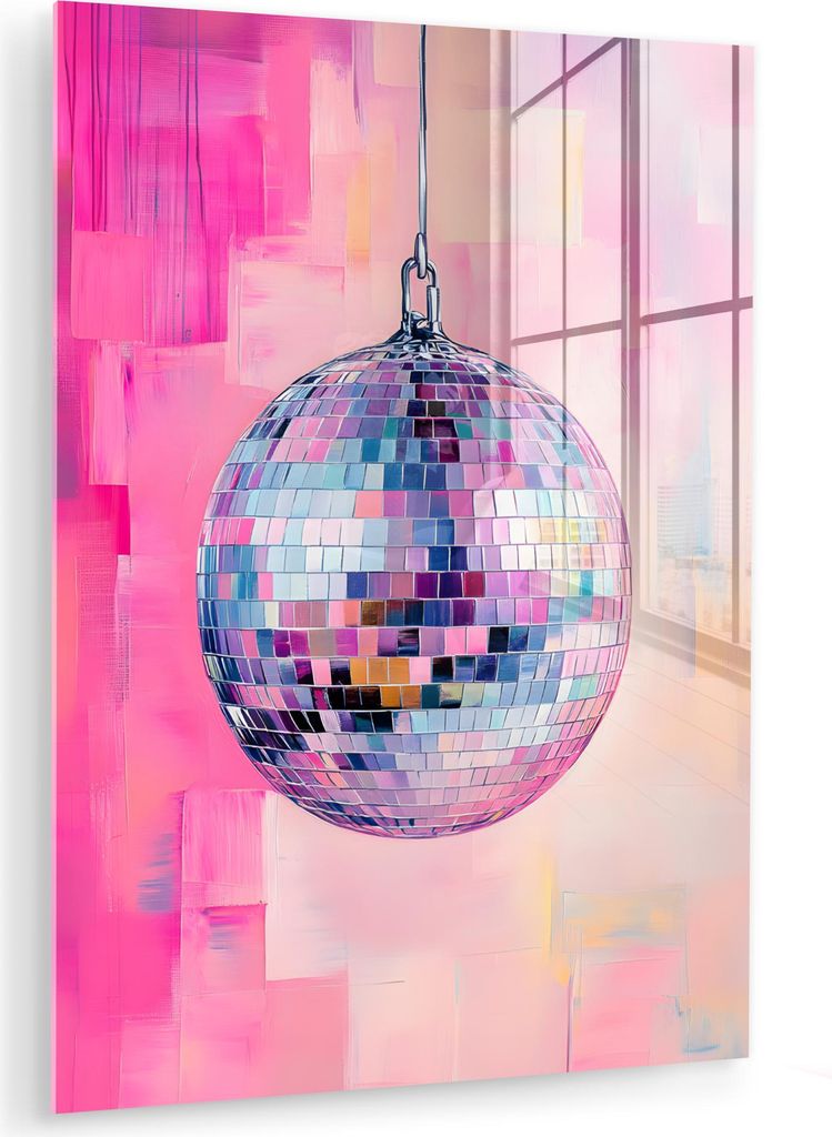 MuchoWow Glasbilder - Bilder auf Wandbild - Foto auf Glas Discoball - Rosa - Farbe 60x80 cm Wanddekoration aus Glas - Acrylglasbild - Acrylbilder -...