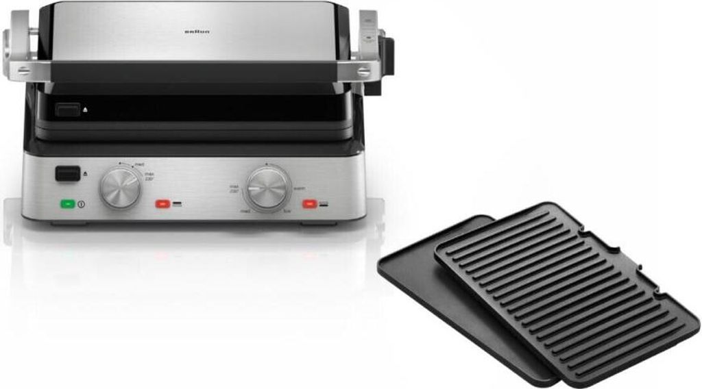 A product shot of a grill and grill plates on a white background.