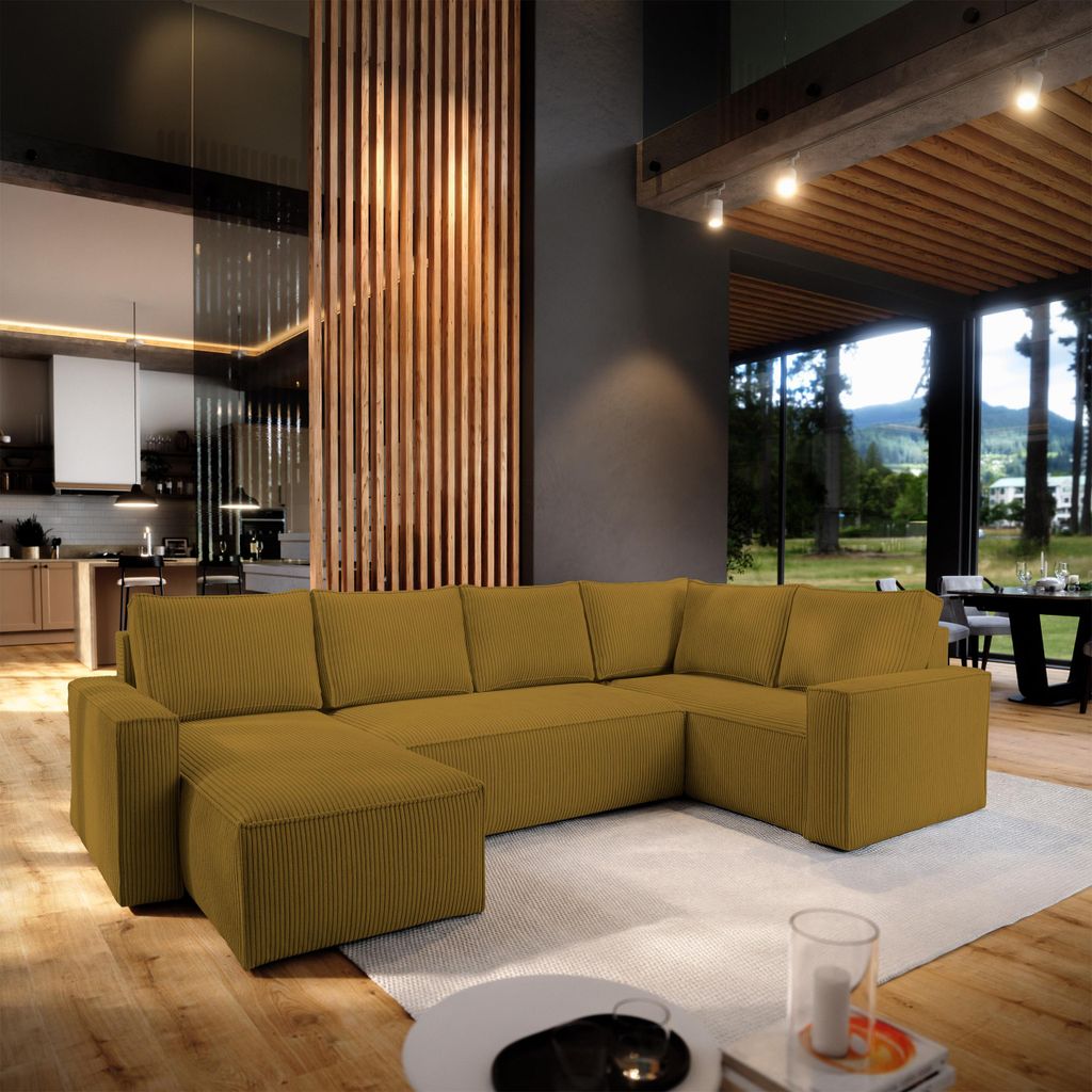 Masseno Ecksofa NORENA R-S mit Schlaffunktion U-Form, Sofa mit Bettkasten, Wohnzimmersofa, Couch, Soffa, Bettsofa, Couchgarnitur- Gelb, POSO 01
