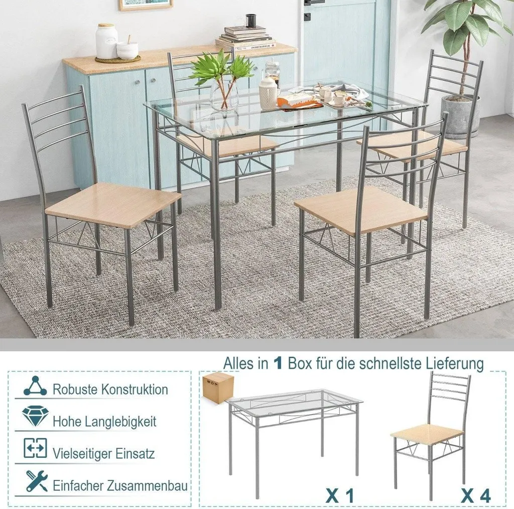 Table à manger pour 4 personnes - Ensemble complet verre et métal 120cm