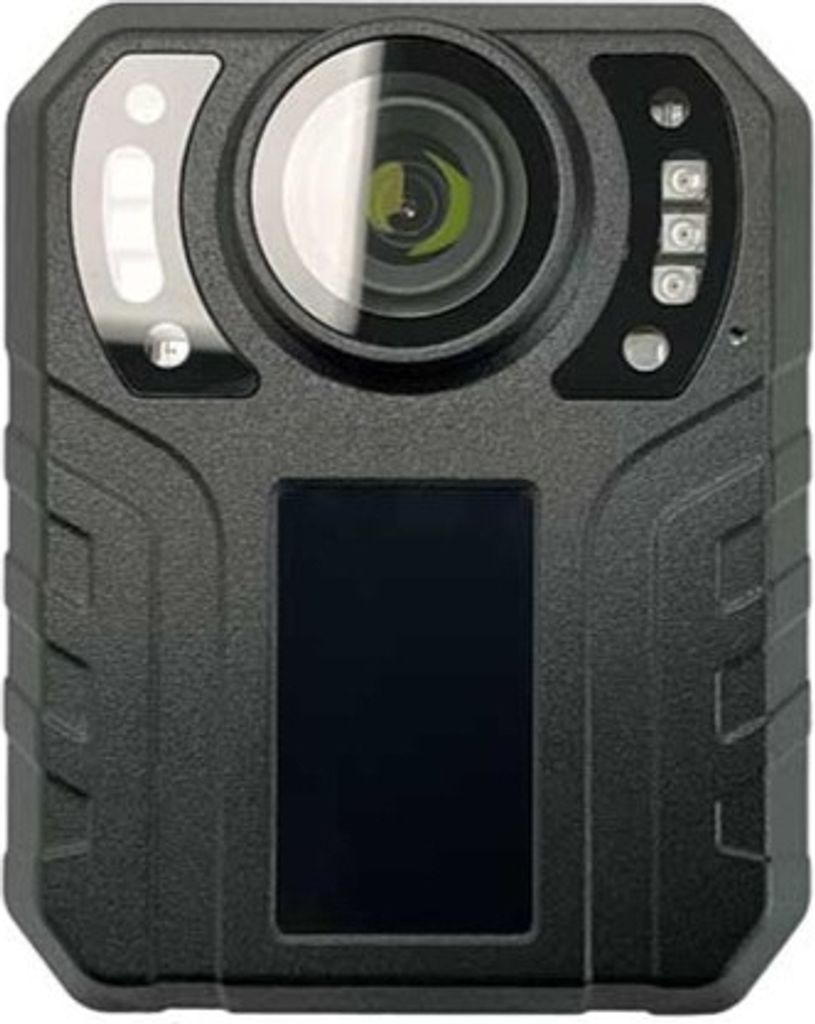 A front view of a black body camera with a display screen.