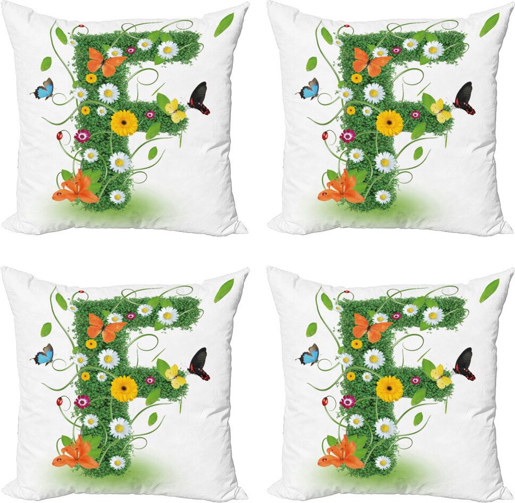 ABAKUHAUS Buchstabe F Kissenbezug Set (4 Stück), Tiere und Blumen F, Moderner Doppelseitiger Digitaldruck, 60 cm x 60 cm, grün Multicolor