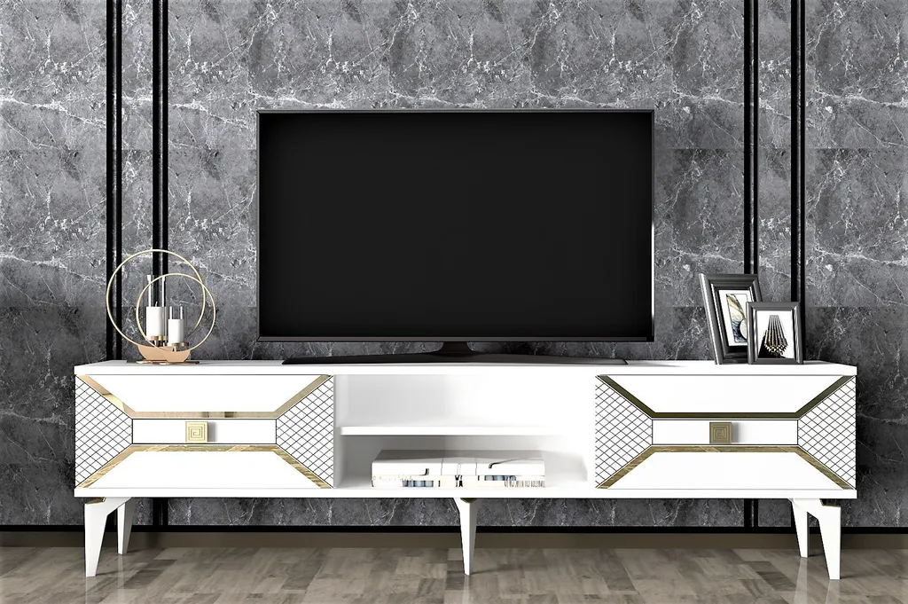 Banc TV Moderne Blanc et Doré 150 cm Yumedi pour Salon Contemporain