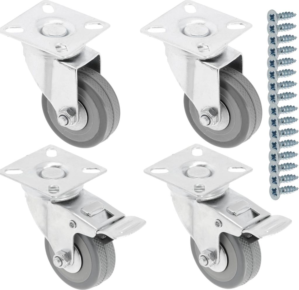GTV - Möbelrollen GREYROLL, Lenkrollen, 4 Stück set Rollen für Möbel, 2x Rollen mit Bremse, 2x ohne Bremse, aus Stahl und Gummi, +16 konische S...
