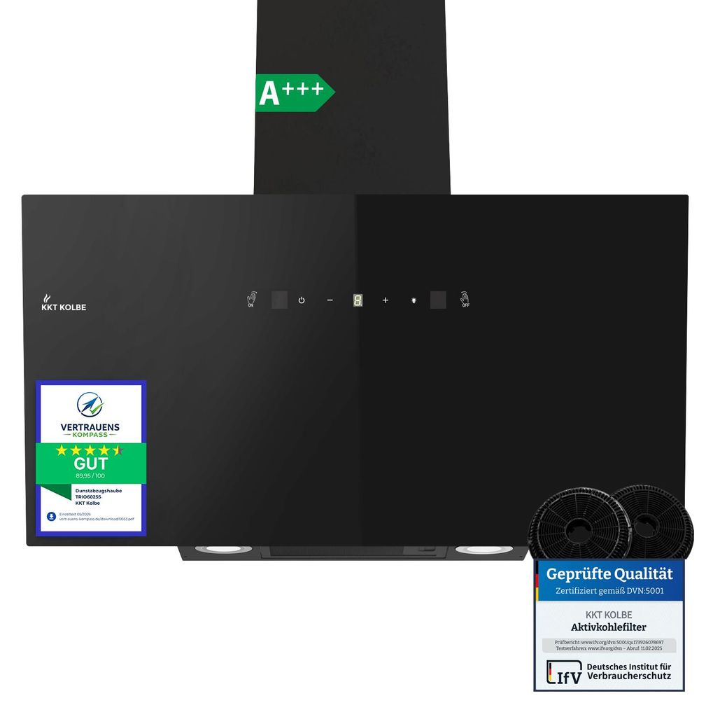 KKT KOLBE Dunstabzugshaube 90cm | Umluft Abluft | 782cbm/h | Wandhauben Kopffrei | Schwarz | Glas | Gestensteuerung | SensorTouch Bedienung | LED-B...