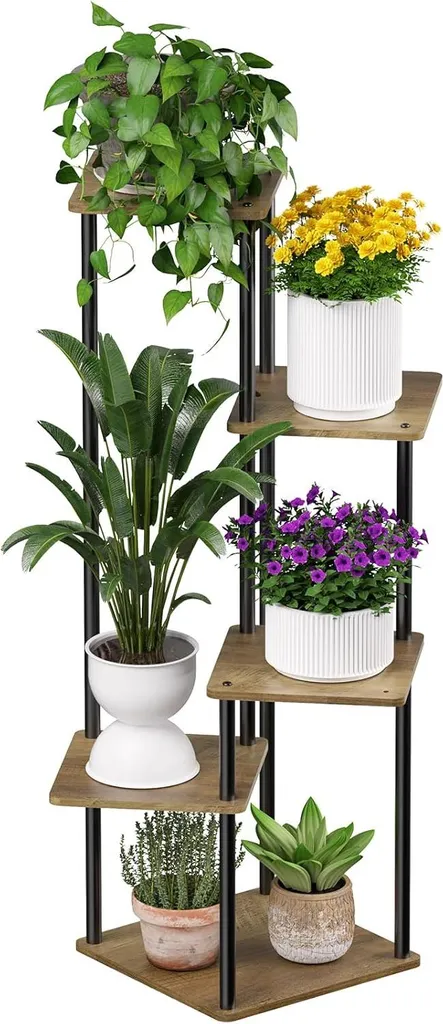 Porte-fleurs haut en métal 5 niveaux pour décoration jardin et balcon