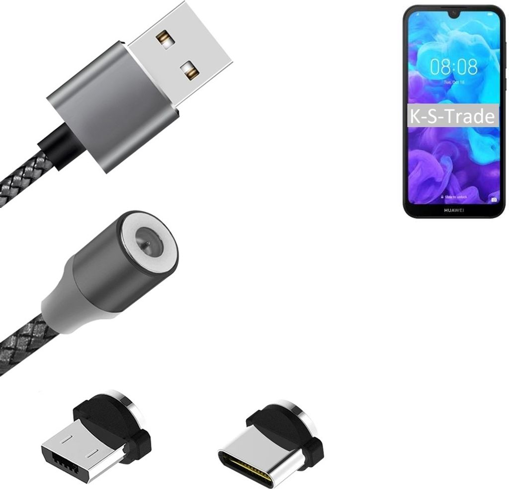K-S-Trade Hochwertiges Magnet-Lade-kabel Sync-Kabel Daten-Kabel für Huawei Y5 (2019) mit USB-Typ-C-Anschluss und Micro-USB-Anschluss 2A bis zu