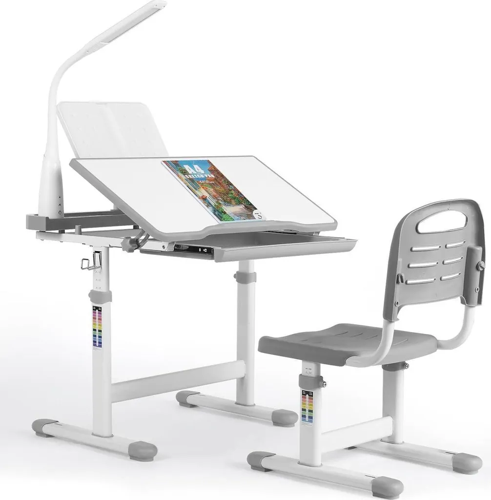 Évitez le mal de dos : Bureau enfant et chaise gris réglables en hauteur
