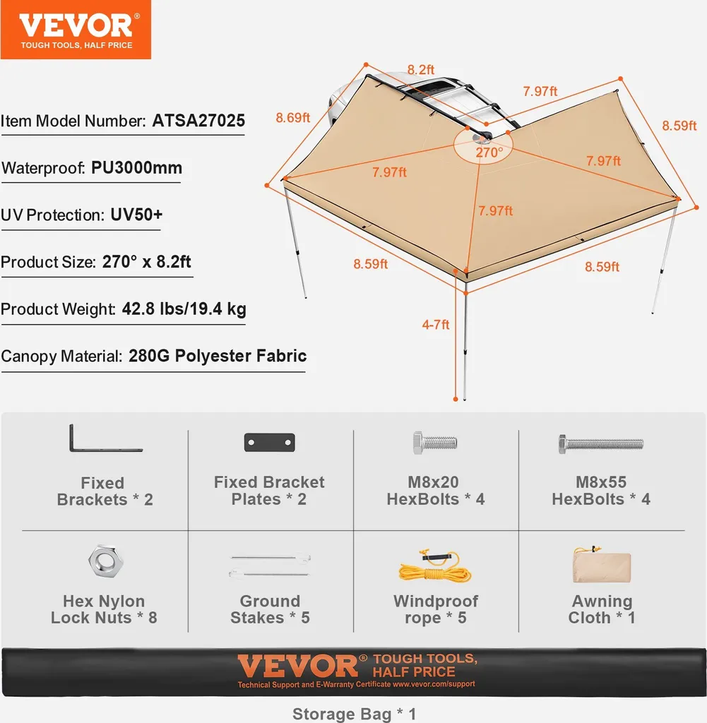 Auvent pour Véhicule 270° : Store de Camping Hauteur 2.5m Anti-UV