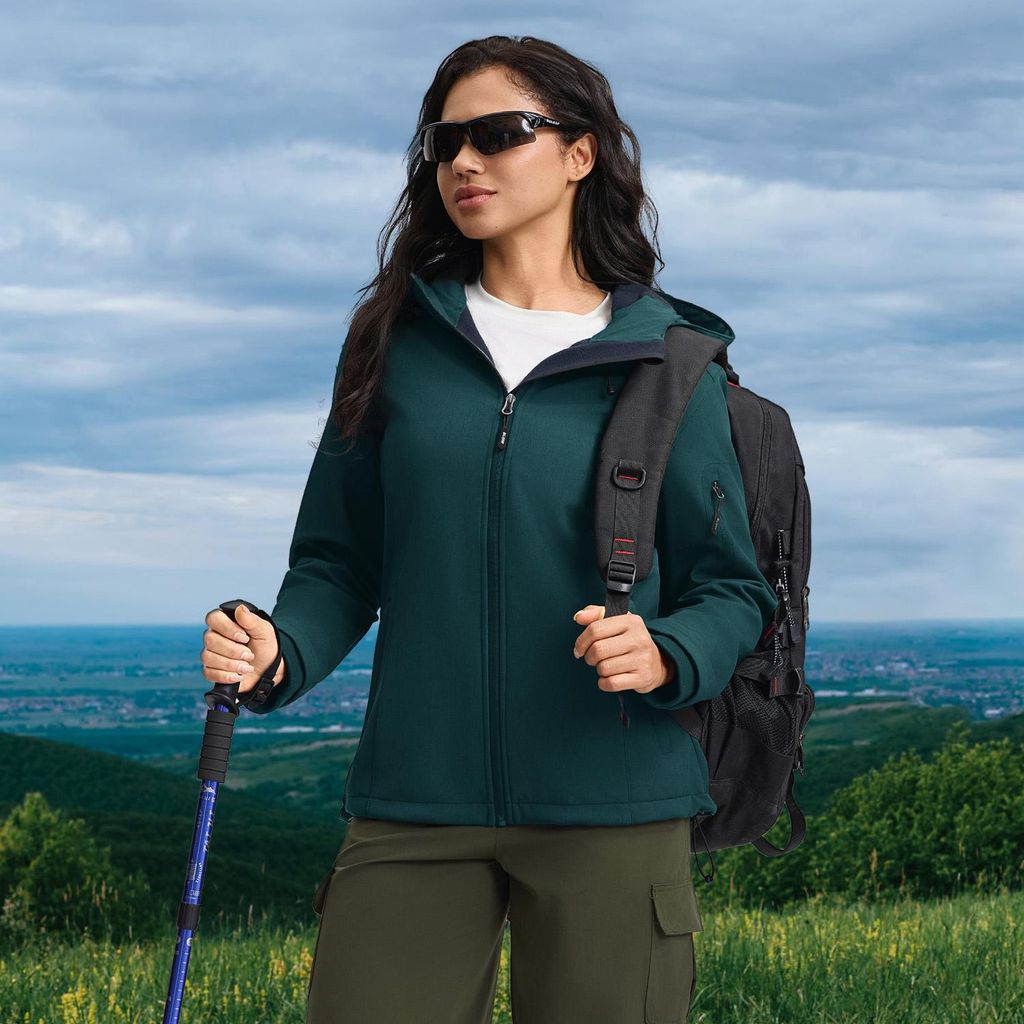 BUBW Damen Softshell Jacke mit Kapuze (Lagoon XL), wasserdicht winddicht, elastisch warm mit Kationengewebe für Outdoor Aktivitäten