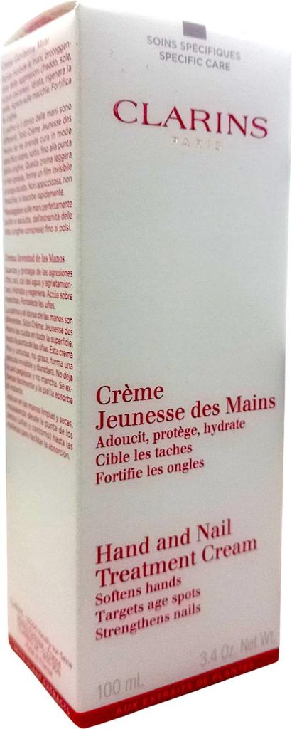 A white box of Clarins Hand and Nail Treatment Cream.
