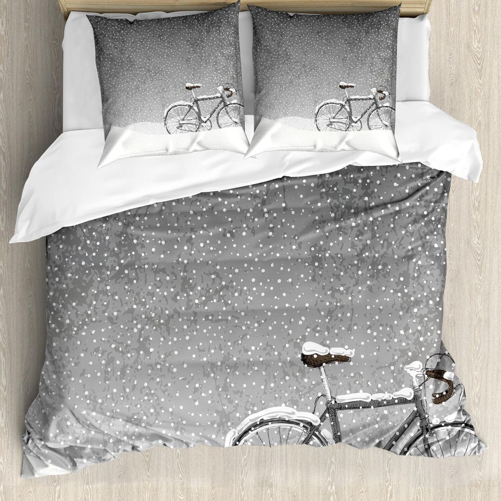 ABAKUHAUS Winter Bettbezug Set, Fahrrad im schnee Zeichendarstellung mit Flocken und im Kalte wetter Druck, 155 x 220 cm + 80 x 80 cm, Taupe Weiß