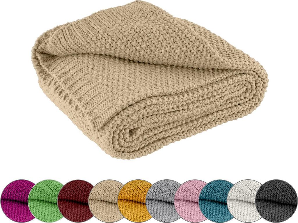 A folded beige knitted blanket is shown prominently, with a row of smaller circular swatches of various colored blankets below it.