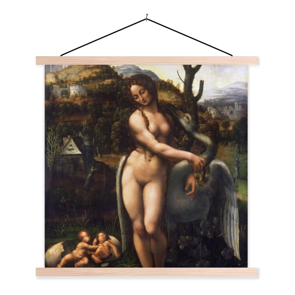MuchoWow Textilposter Leda und der Schwan - Leonardo da Vinci 120x120 cm mit holzfarbenen Rahmen - Textil-Poster