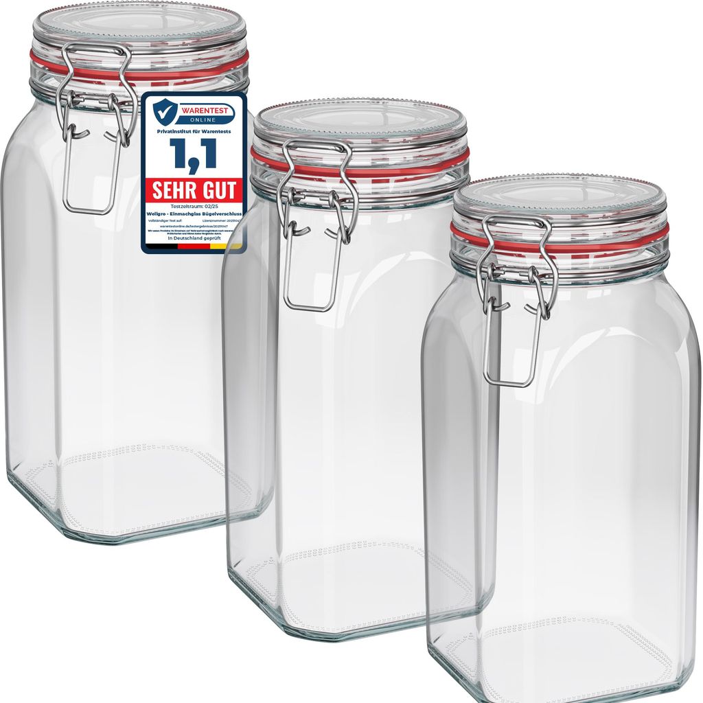 WELLGRO Einmachgläser mit Bügelverschluss eckig 1540ml - Produktbild 