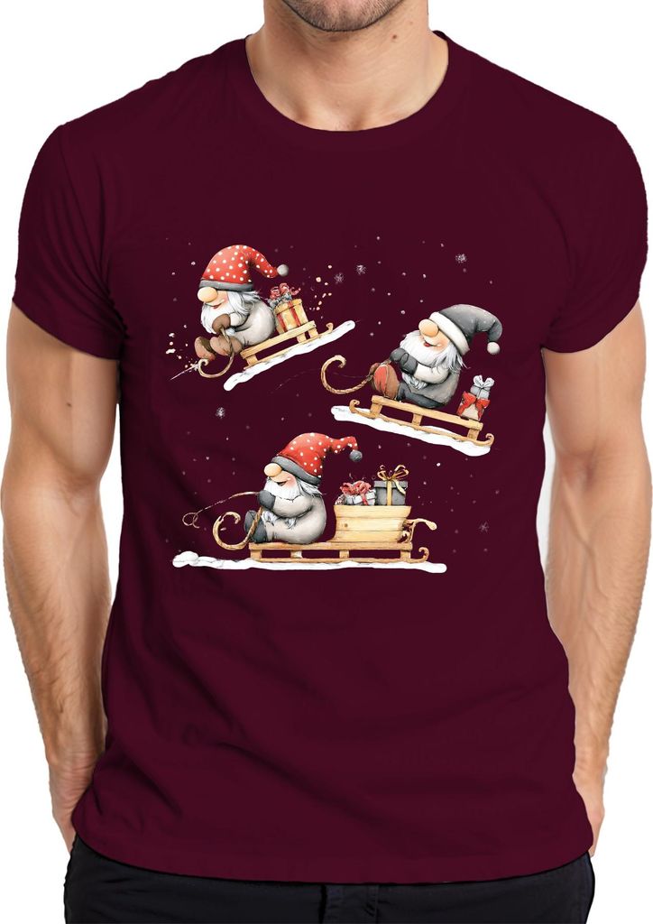 Weihnachtswichtel Schlitten Geschenke Winter niedlich Retro Herren T-Shirt, Burgundy, M