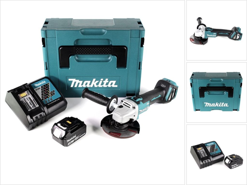A Makita angle grinder set with a storage case, battery, and charger.